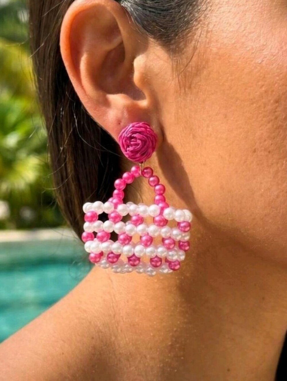 NEW! Chic Handmade Pink and White Pearl Beaded Basket Handbag Drop Post Earrings